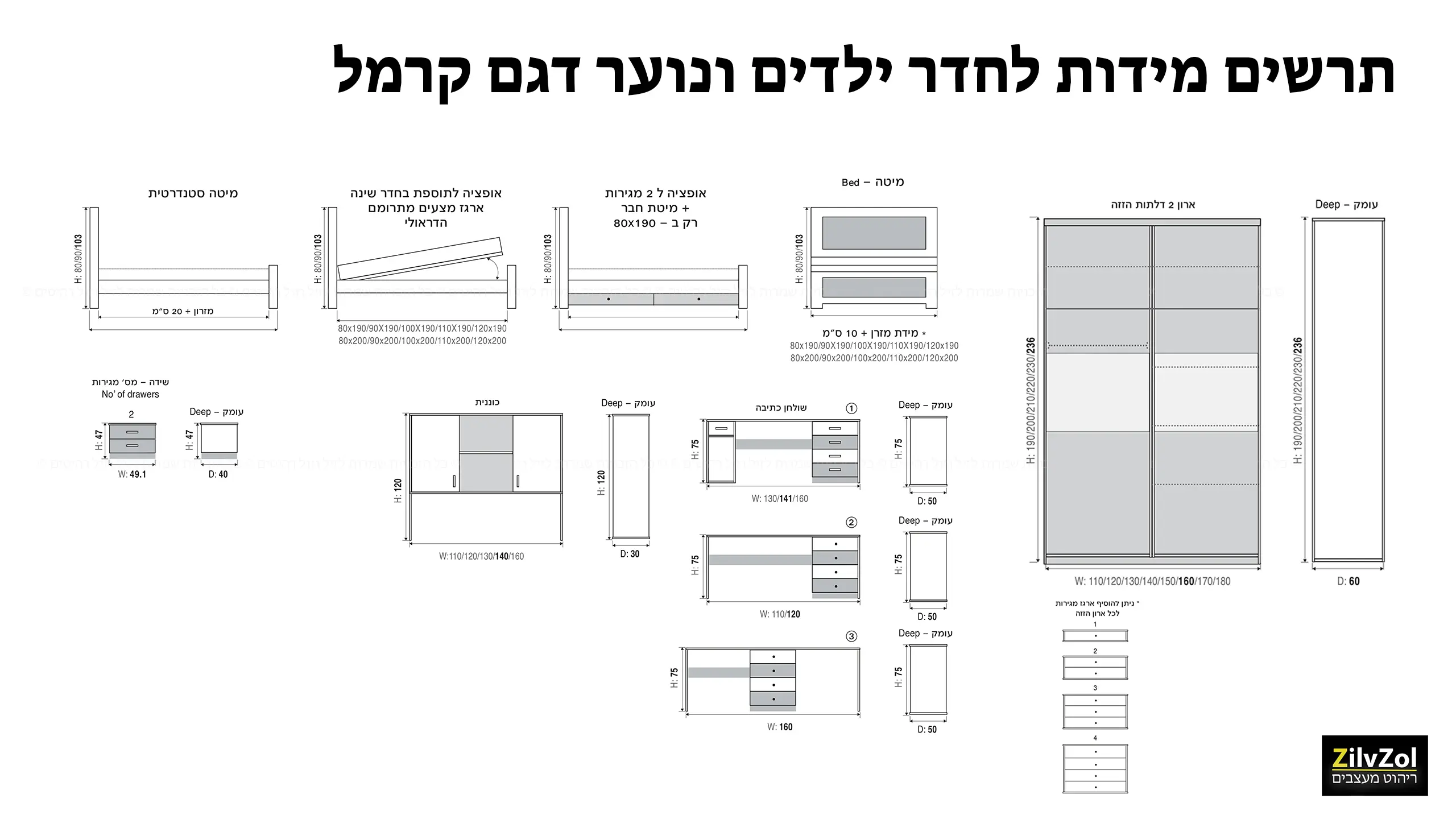 תרשים מידות לחדר ילדים ונוער דגם קרמל קומפלט